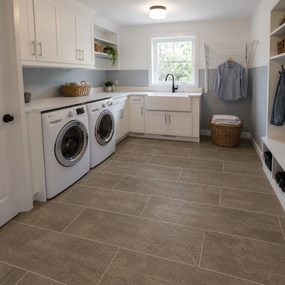 Laundry room with white cabinets, side-by-side washer and dryer, a farmhouse sink and a wicker basket over Armstrong Alterna Tender Twig D7198 12x24 vinyl tile flooring.
