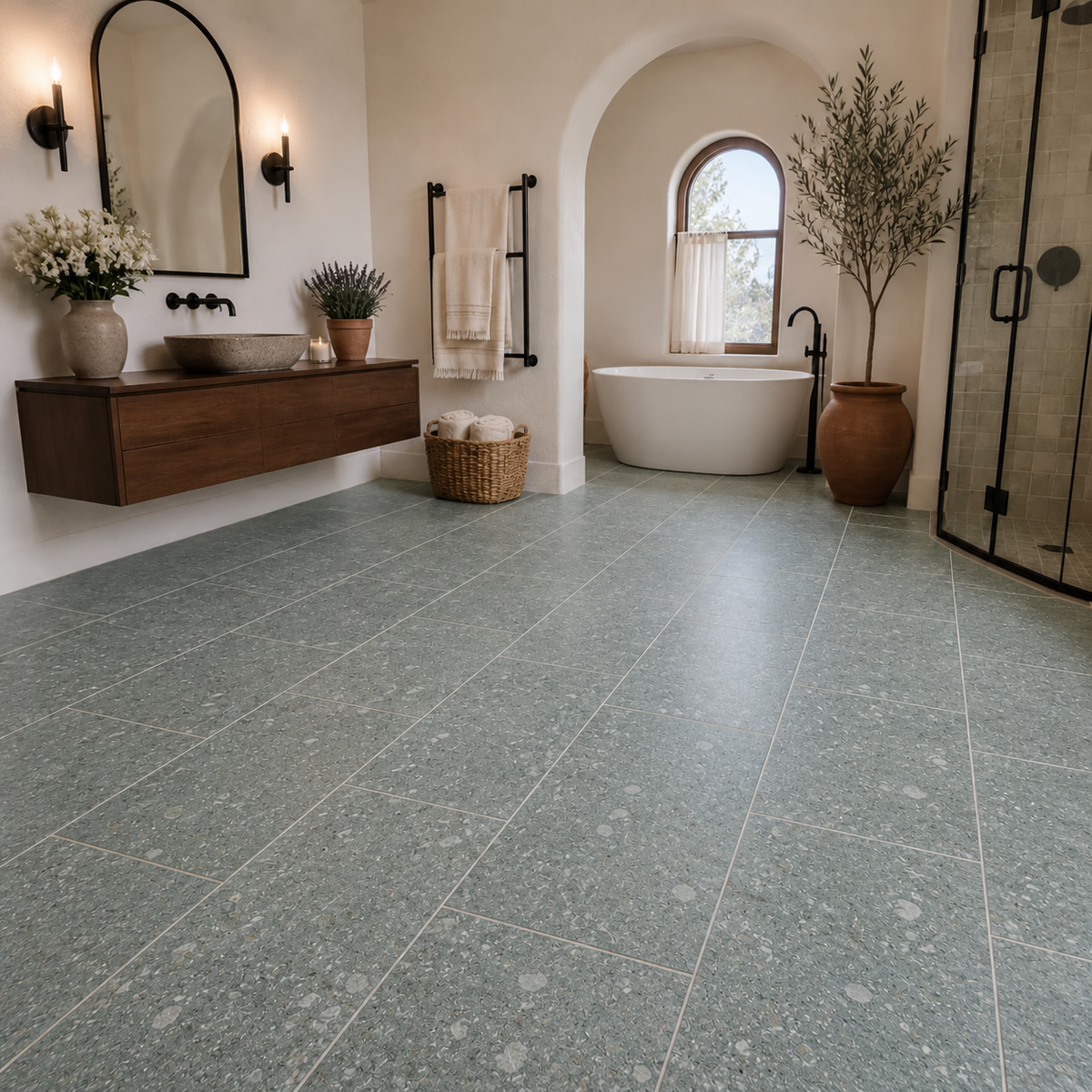Bathroom with a wood vanity and vessel sink, arched mirror, freestanding tub beneath an arched window, glass shower, and potted tree. Armstrong Alterna D7373 Talisman Gray, 12 × 24-inch tile
