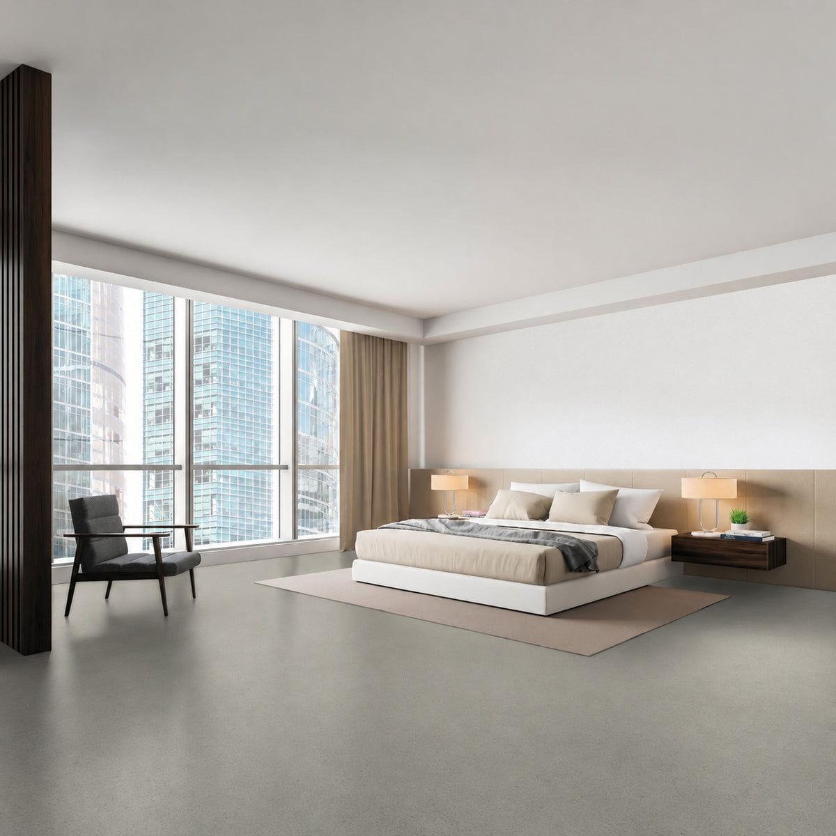Armstrong Medintone Herbal Gray sheet vinyl, a light warm gray with a fine speckle, in a bedroom with a platform bed, area rug and floor-to-ceiling city-view windows.