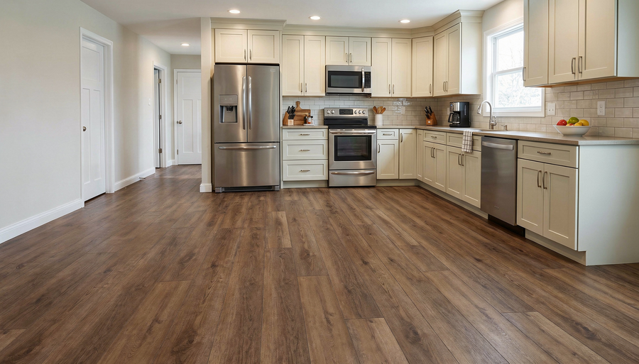 Luxway Brunswick deep mocha brown waterproof SPC luxury vinyl plank flooring in a bright modern American kitchen with cream shaker cabinets, stainless steel appliances, subway tile backsplash, and realistic dark oak grain. 