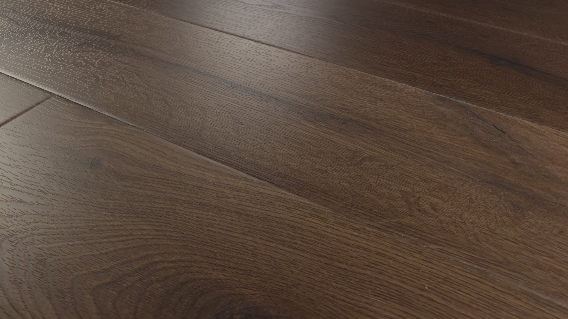 Close-up camera pans across installed COREtec Midnight Oak WPC Vinyl Plank Flooring VV810-03019, highlighting its deep espresso-brown oak tones, detailed wood grain and wide-plank layout.
