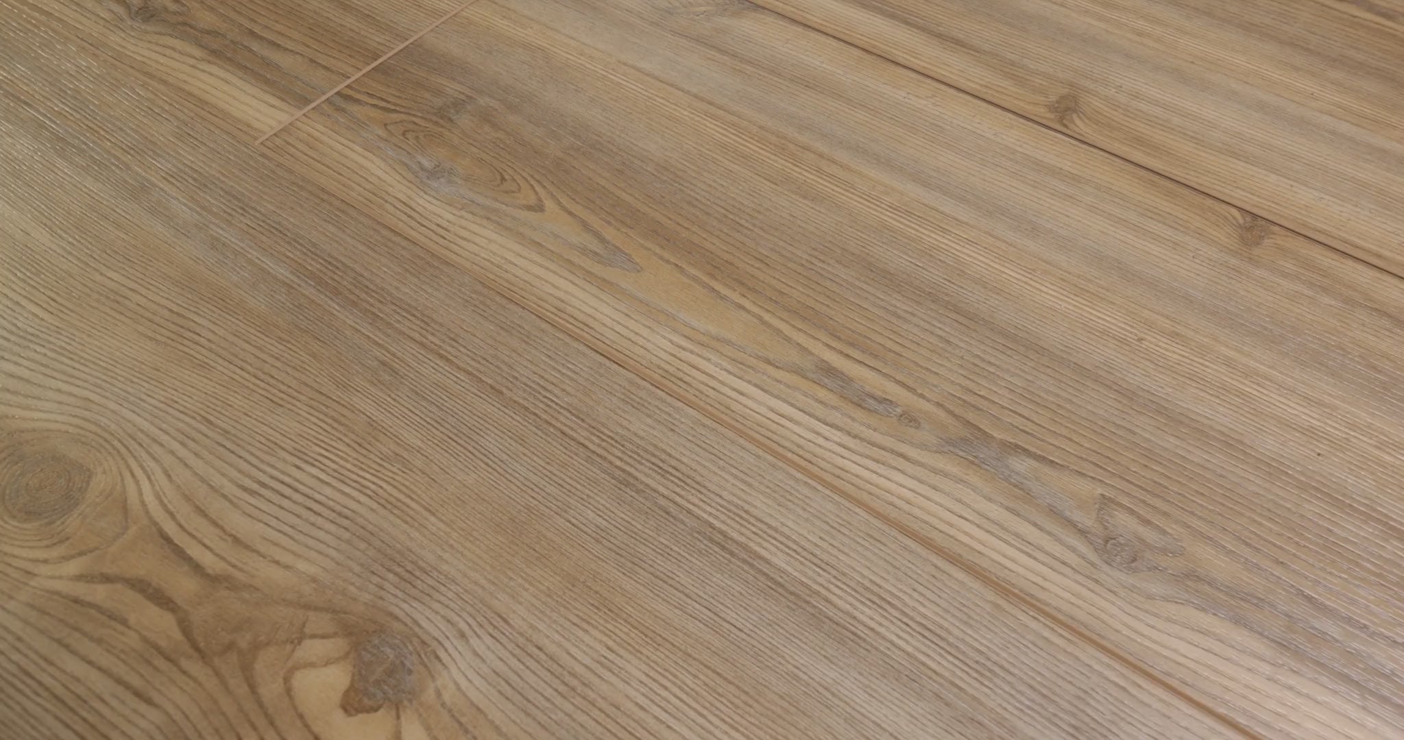 Close-up camera pans across installed COREtec Treasure Pine WPC Vinyl Plank Flooring VV457-02906 LVP Originals Premium 9" x 72" highlighting , knots and wide-plank layout.