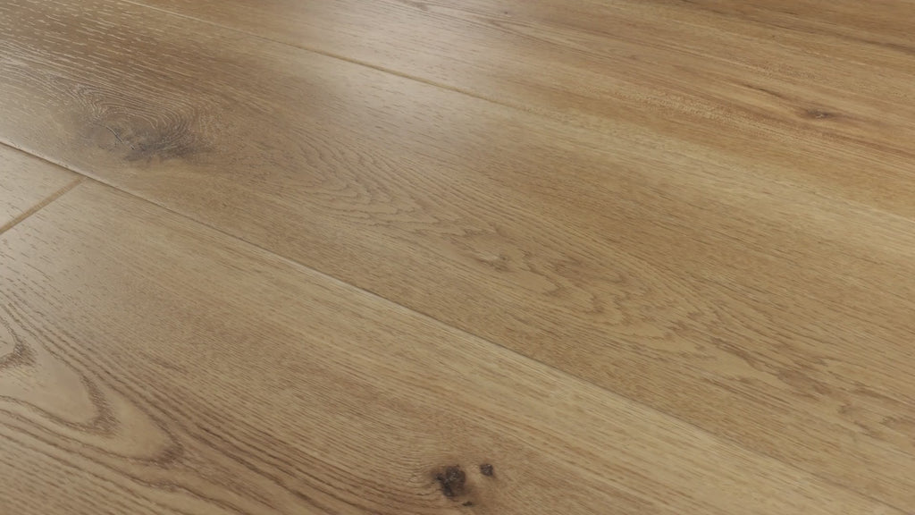 Close-up camera pans across installed COREtec Parchment WPC Vinyl Plank Flooring VV810-05027, highlighting its warm golden oak tones, natural wood grain, knots and subtle plank variation.
