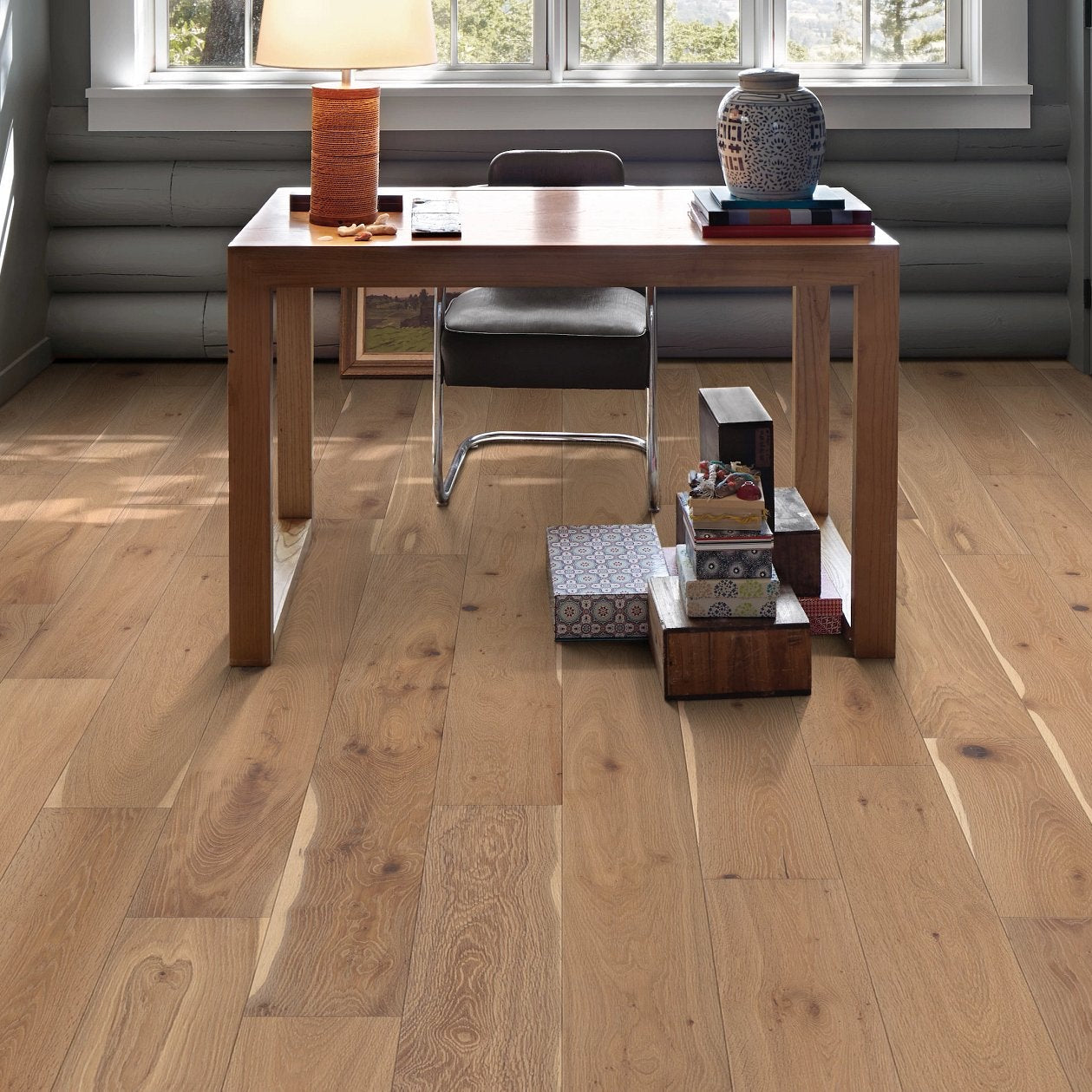 Shaw Expressions Watercolor engineered hardwood flooring photographed in a living room, pairing natural wood hardwood with the furniture layout.