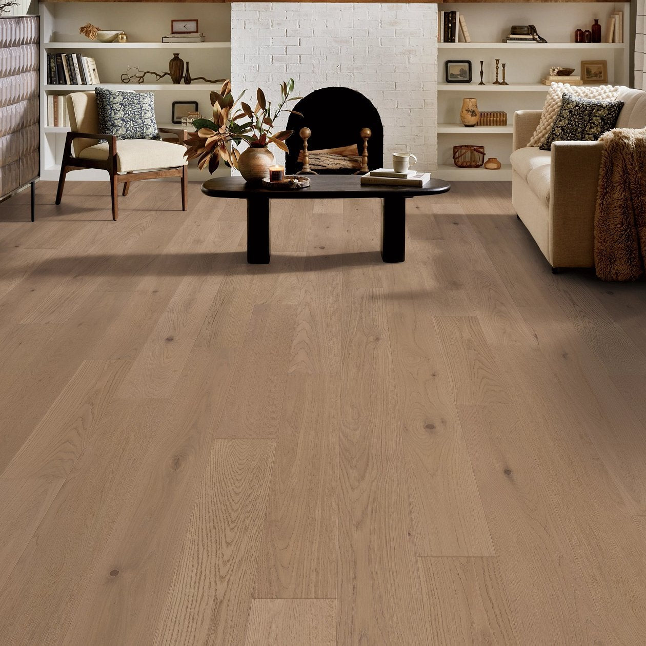 Shaw Cornerstone II Clay 7 48 engineered hardwood flooring shapes this living room with natural wood color around the furniture layout.