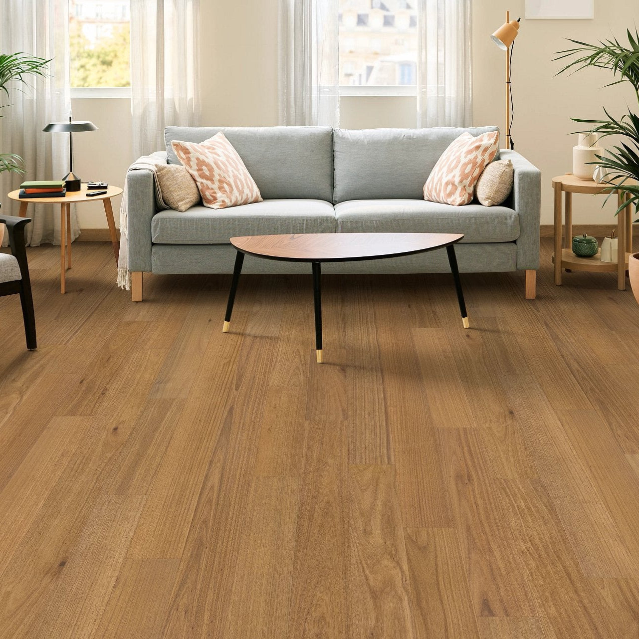 Shaw Bridgewater Eucalyptus Golden Canopy engineered hardwood flooring in a living room, where natural wood wood tones sit naturally with the furniture layout.