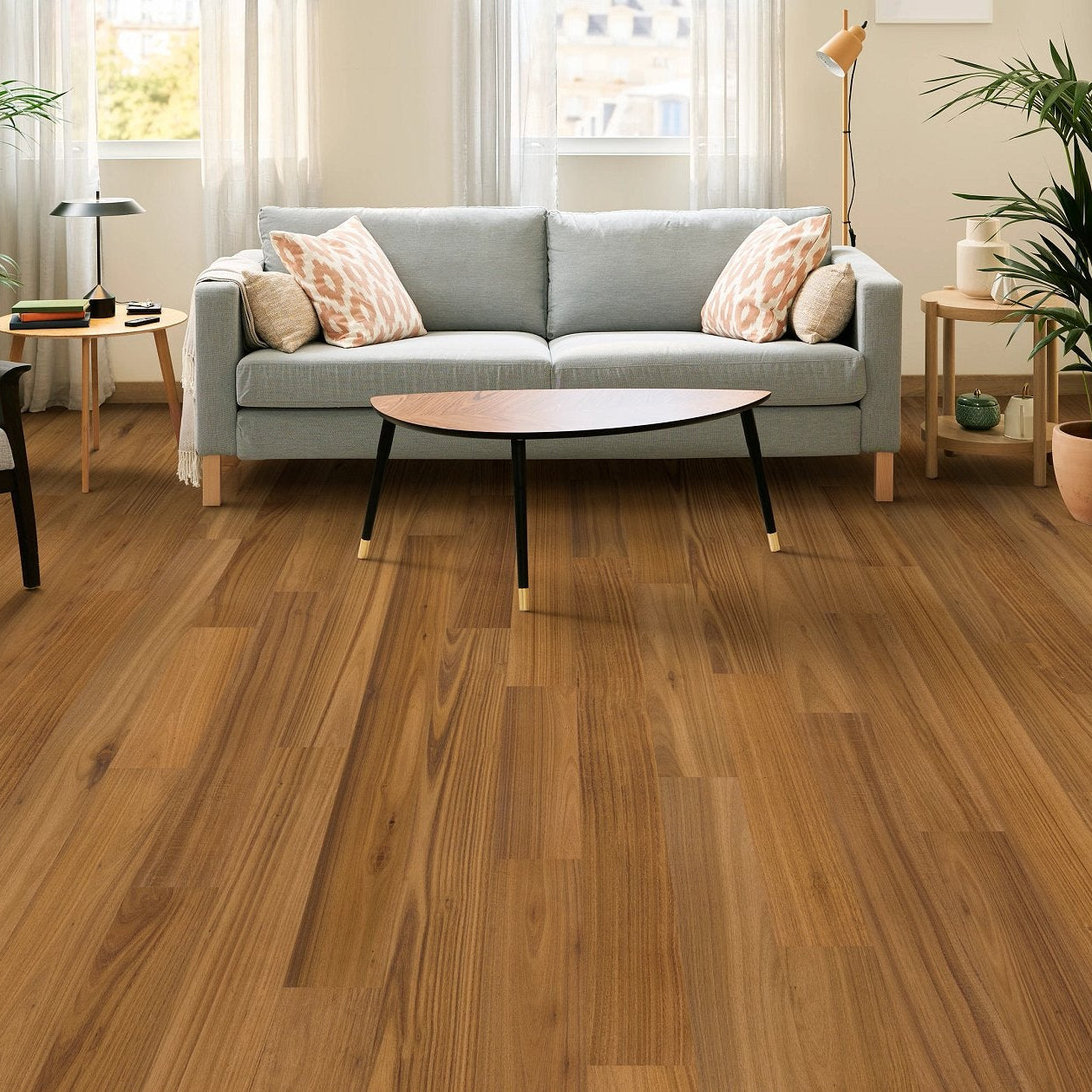 Shaw Bridgewater Eucalyptus Riverbend engineered hardwood flooring shown across a living room, highlighting a natural wood hardwood look.